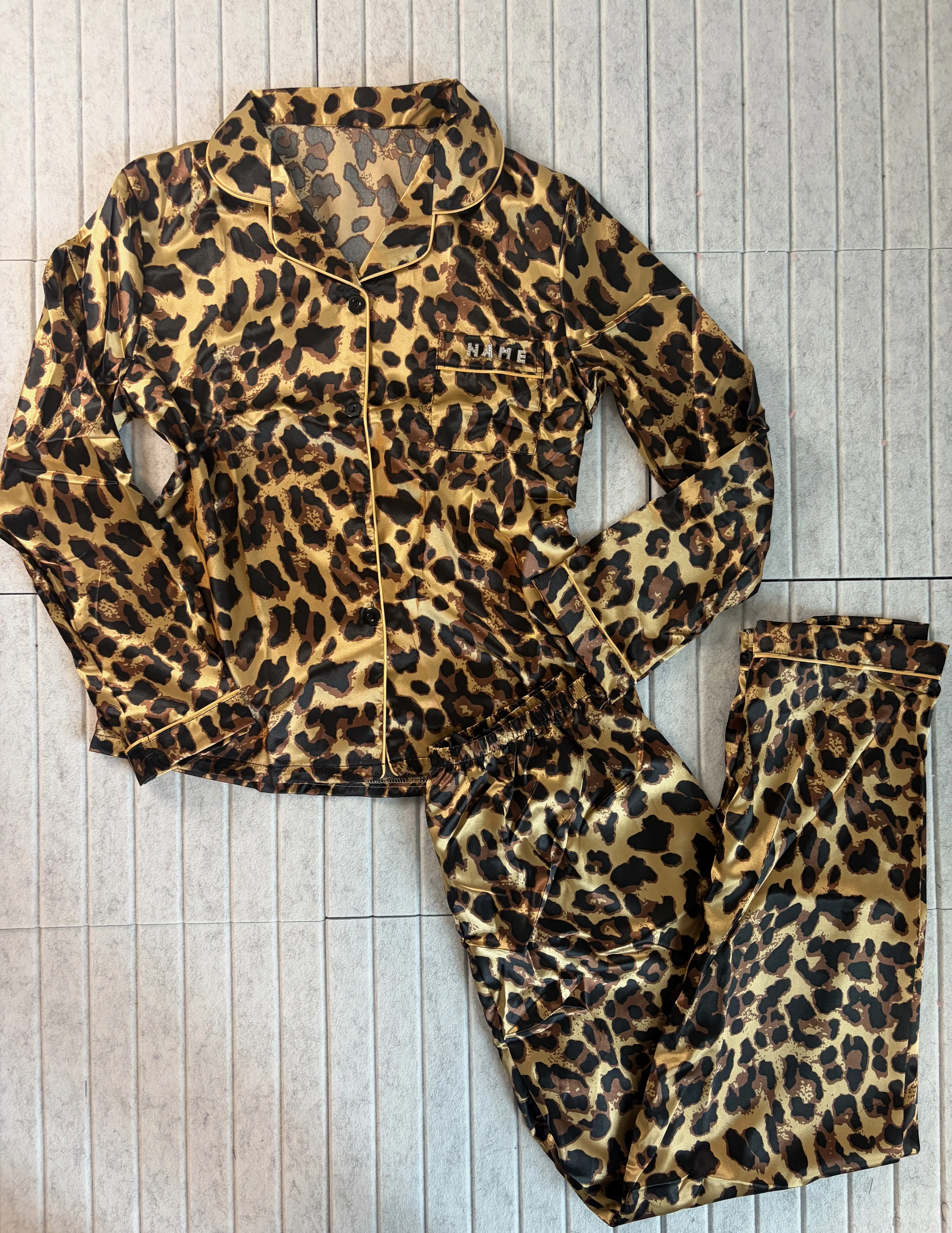 Wild Leopard Cheetah Satin Sleepwear Shirt Pants Set Loungewear Pajama Pj Set l Personalizable l Gift, Present, Cozy
