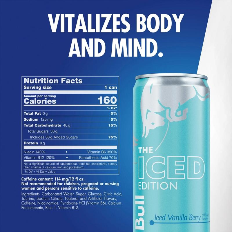 Red Bull Iced Edition Vanilla Berry Energy Drink 1-24 Pack 8.4 Fl Oz Refreshing Smooth Flavor Boost Focus Performance