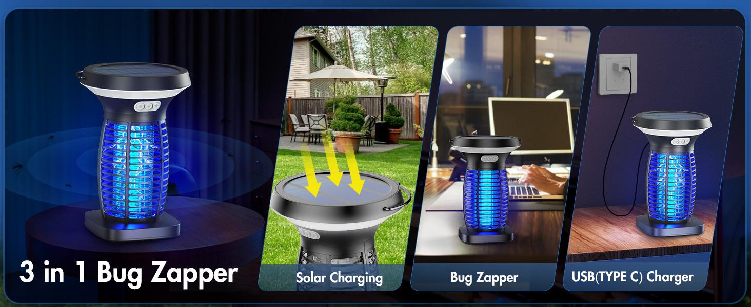 AUKFA Solar Bug Zapper Outdoor Indoor Waterproof,  solar powered Electric insect catcher with Panel Sensor,  Mosquito Zapper for Home, Patio, Camping