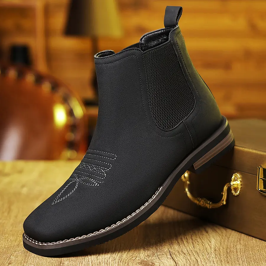 Men’s Western Cowboy Boots, Square Toe Chelsea Ankle Boots, Casual, Retro, Stylish, Classic, Comfortable, and Versatile.Available in Khaki & BlackFootwear for Outdoor and Casual Wear, Closed-Toe Style