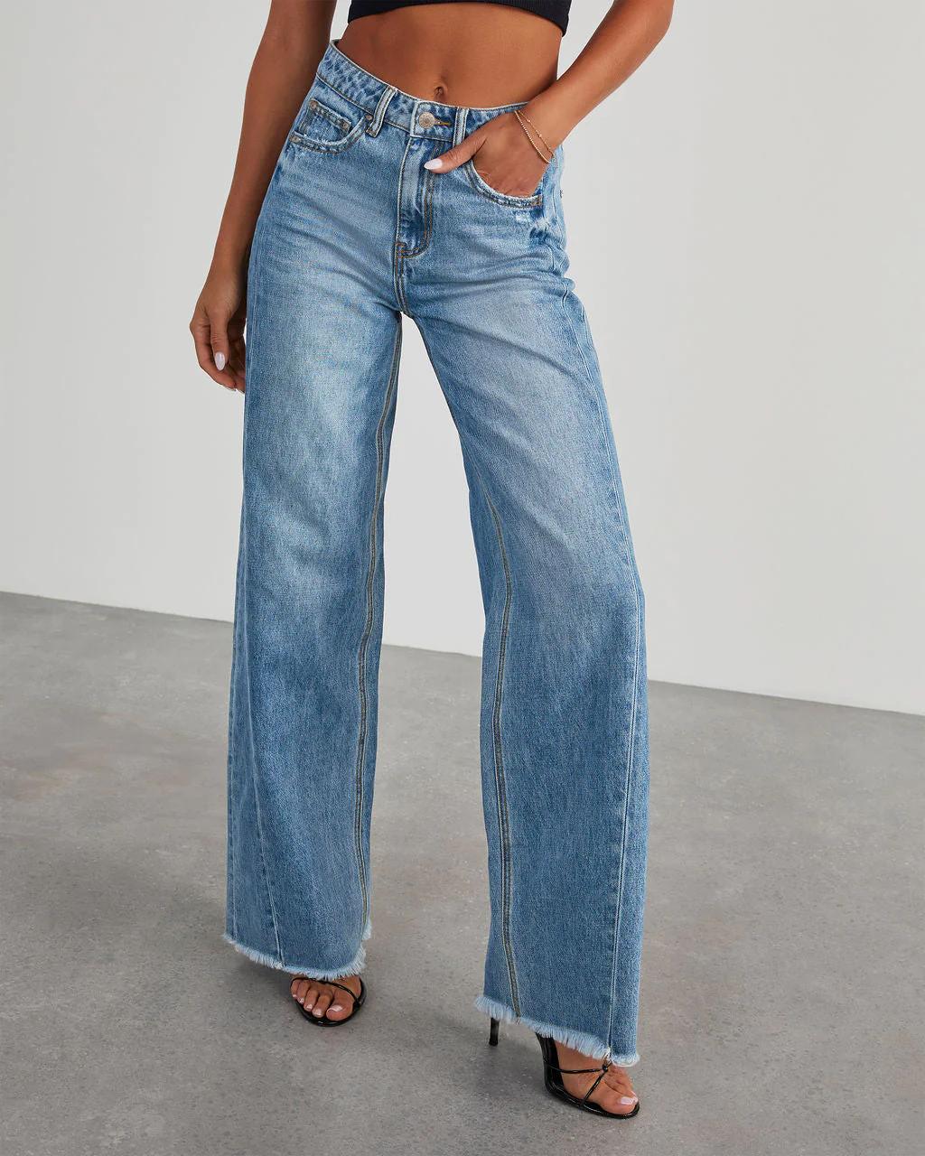 USBoutique Chic  Women's Fashionable Cute Wide Leg Jeans Flowy High Waisted Strechy Raw Hem Zimbaplatinum Denim Pants(2 or 3 for fs)