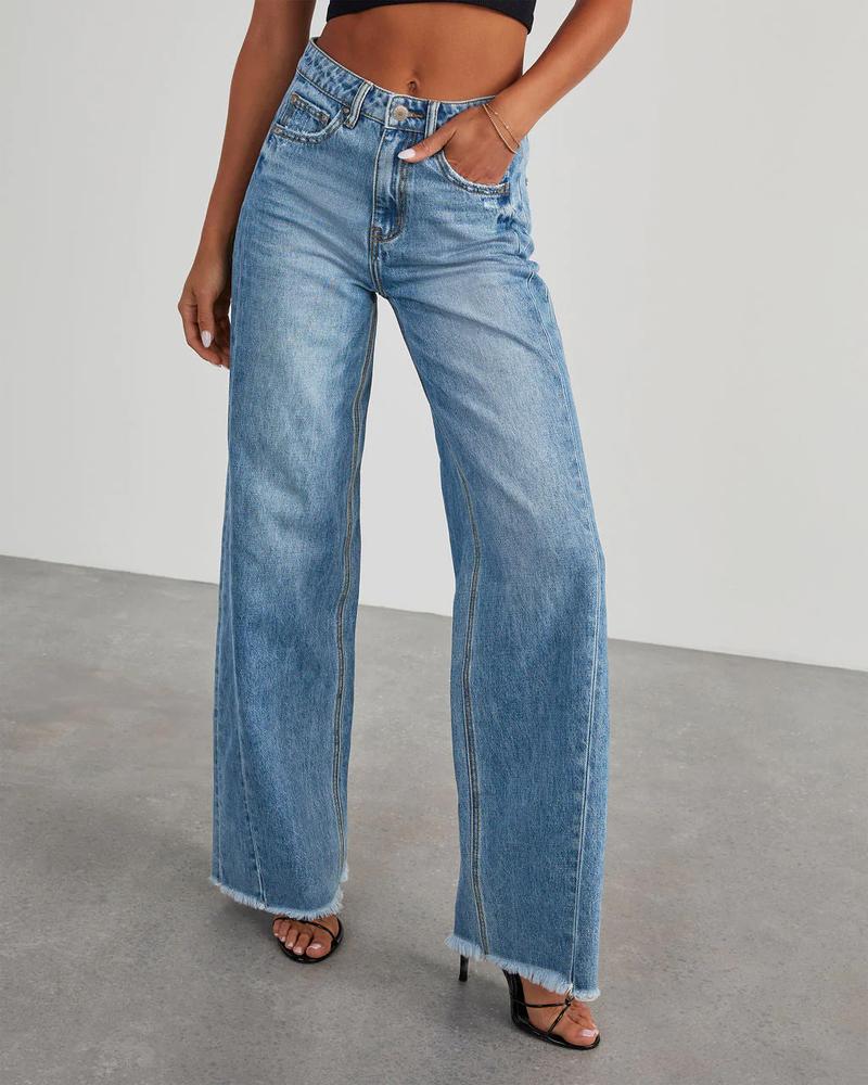 USBoutique Chic  Women's Fashionable Cute Wide Leg Jeans Flowy High Waisted Strechy Raw Hem Zimbaplatinum Denim Pants(2 or 3 for fs)