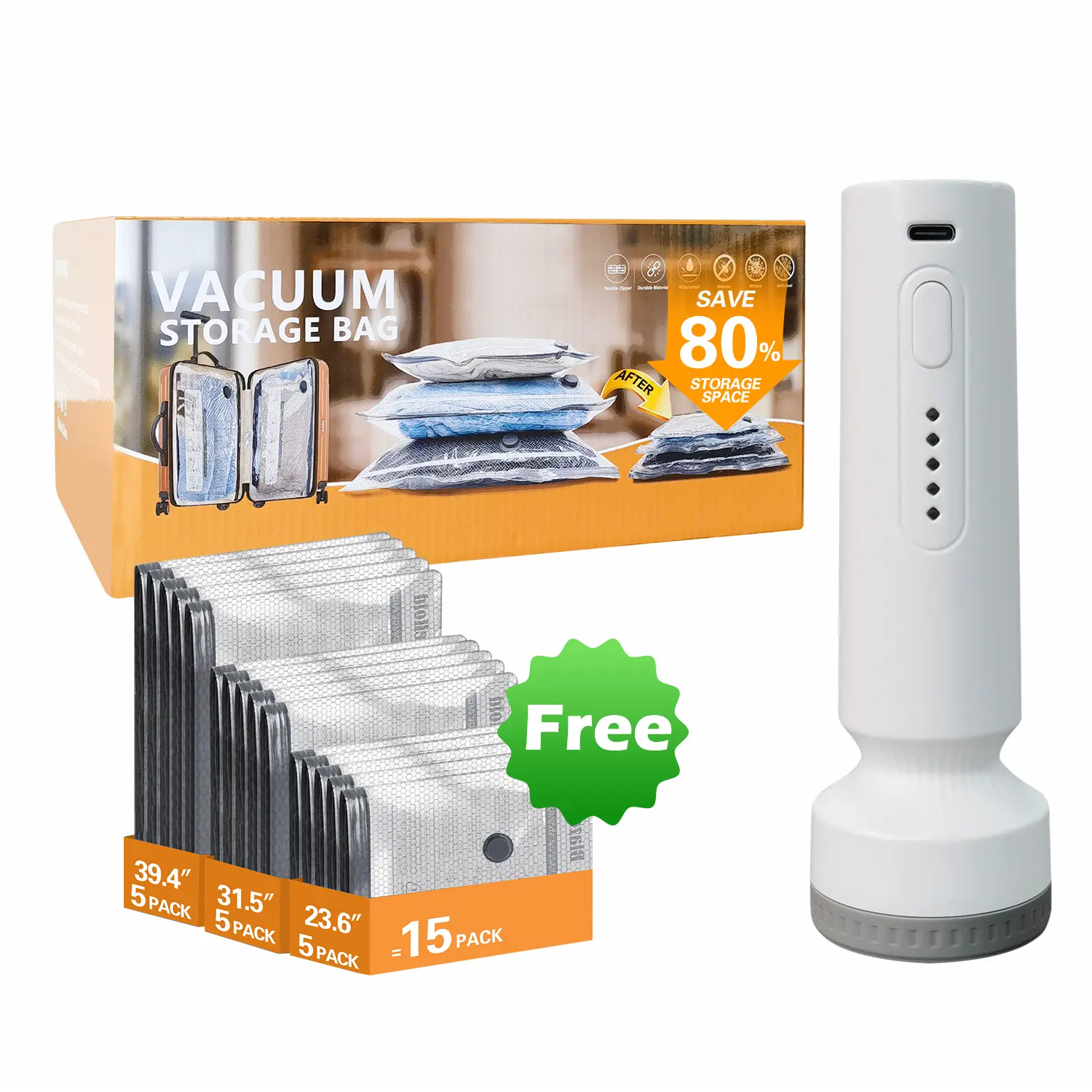 Portable Rechargeable Vacuum Storage Machine with Free 15 Pack Vacuum Storage Bags, Wireless Electric Pump, Space Saver Bags for Clothing, Pillows, Blanket