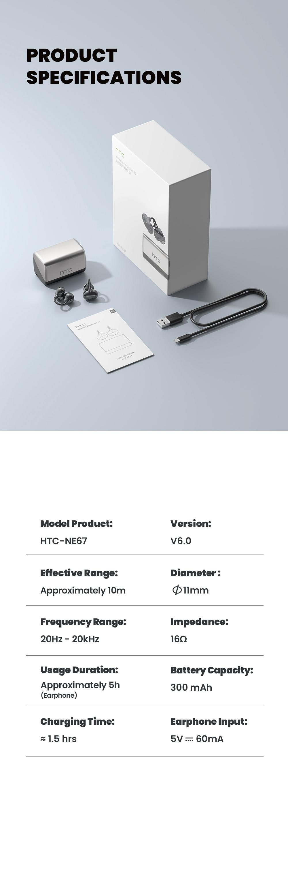 HTC NE67 AI Headset Translates 134 Languages with App Download Wireless Earphone 30-Hour Battery IPX Waterproof Hi-Fidelity Sound for Movies Music Sports Office