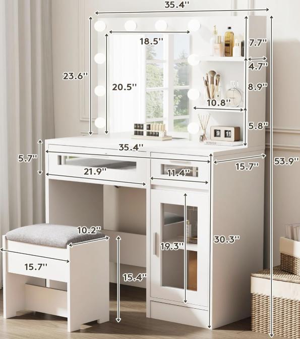 WeCharmer Vanity Desk Set with Round Mirror, Vanity with Lights, Makeup Vanity with Mirror, 3 Lighting Modes, for Bedroom Furniture Table Storage Drawer Modern Design Organizing