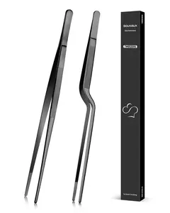 Cooking Tweezer and Offset Tweezer Set, Tongs Precision Serrated Tips, Stainless Steel Professional Chef Tweezer Kitchen Tools for BBQ, Plating and Serving