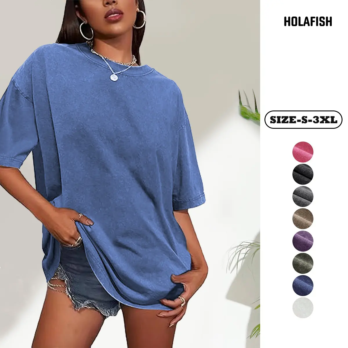 Holafish Women's Acid Wash Cotton Half-Short Sleeve Casual Loose Streetwear T-Shirt Tops, Men's Basic Loose-Fit T-Shirts with Jeans, Jacket, Garments, Pullover, Crew Neck Compatibility