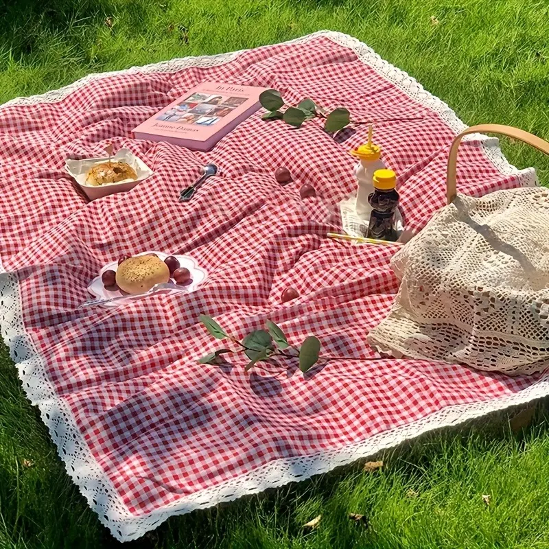 Red and white checkered lace Lightweight picnic mat – a waterproof, portable, multifunctional Outdoor picnic blanket suitable for camping, beach outings,  | Picnic Essentials, accessories and travel/holiday gifts (not for direct food contact).