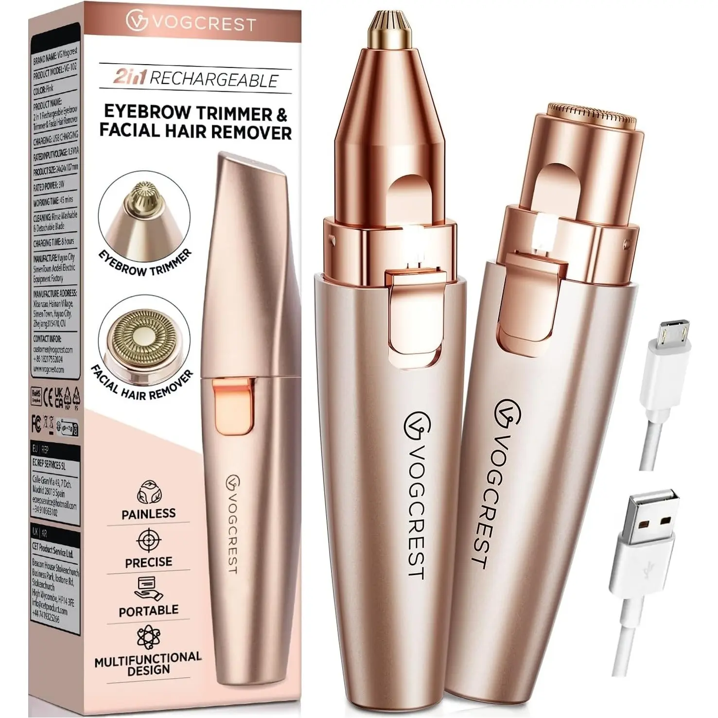 VG Vogcrest Women's USB Rechargeable 2-in-1 Cordless Portable Shaver, Multifunctional Hair Shaver with LED Light, Painless Precision Eyebrow Razors for Lips & Body Daily Gentle Comfort, Painless Precision Shaver