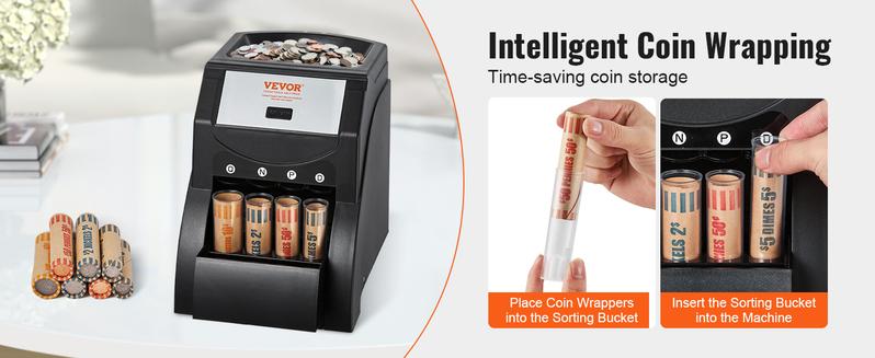 VEVOR USD Coin Sorter, TikTokShopBlackFriday, Coin Sorter Machine for USD Coin 1￠ 5￠ 10￠ 25￠, Sorts up to 230 Coins/min, Coin Sorter and Wrapper Machine Holds 200 Coins Included 4 Coin Tubes, Black  VEVOR Super Brand Day