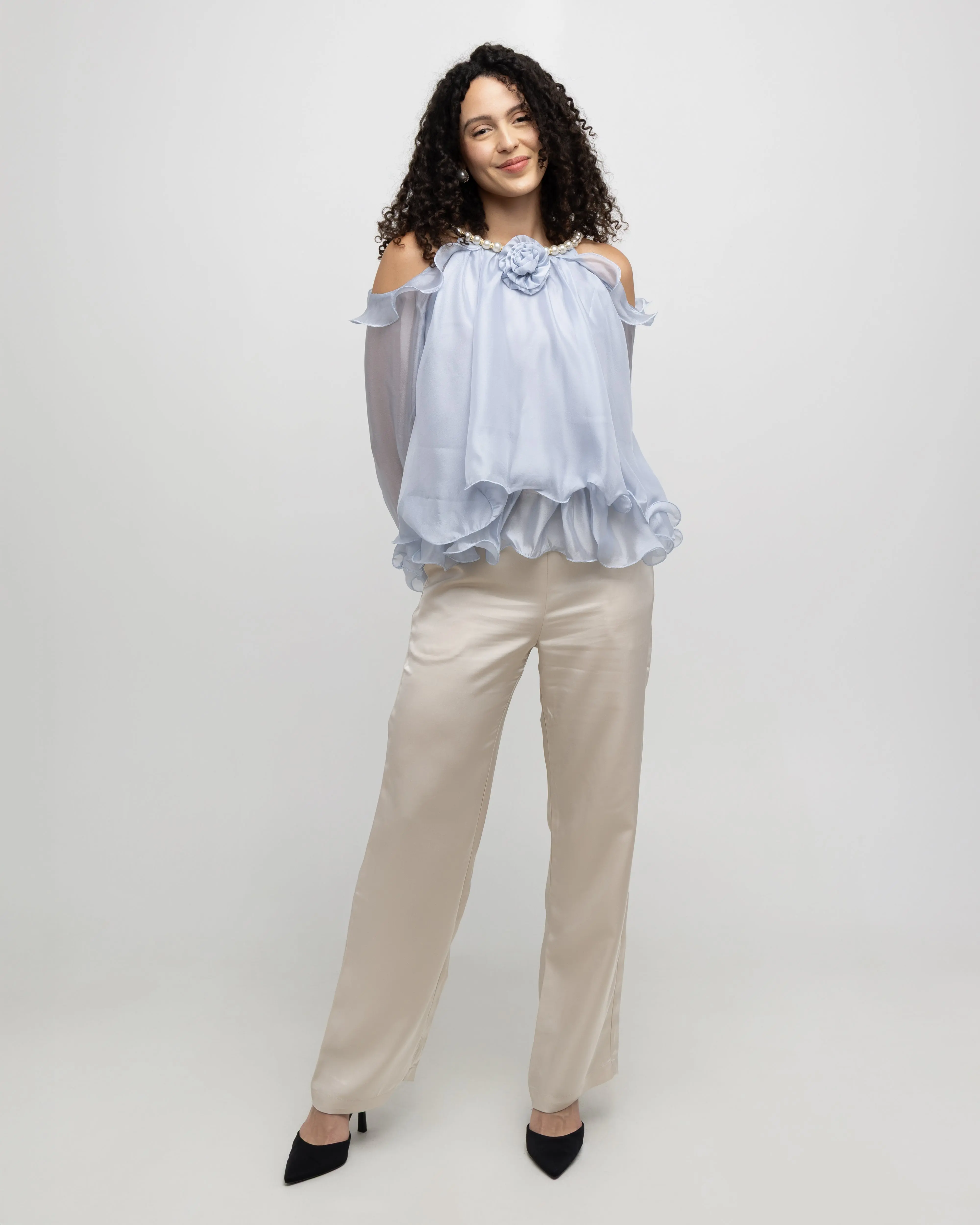 Off-Shoulder Pearl Accent Organza Ruffle Blouse