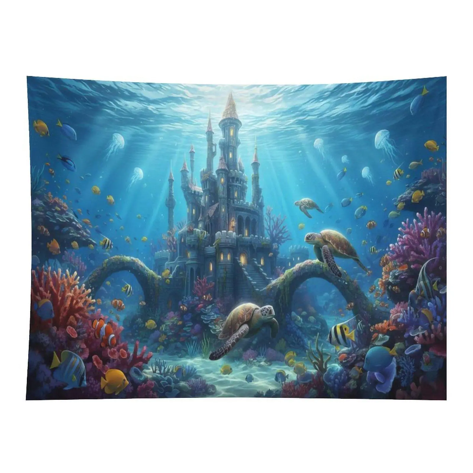 Magical Underwater Ocean Castle Wall Tapestry Vibrant Coral Reef Sea Turtle Tropical Fish Fantasy Aquatic Scene Room Wall Decor