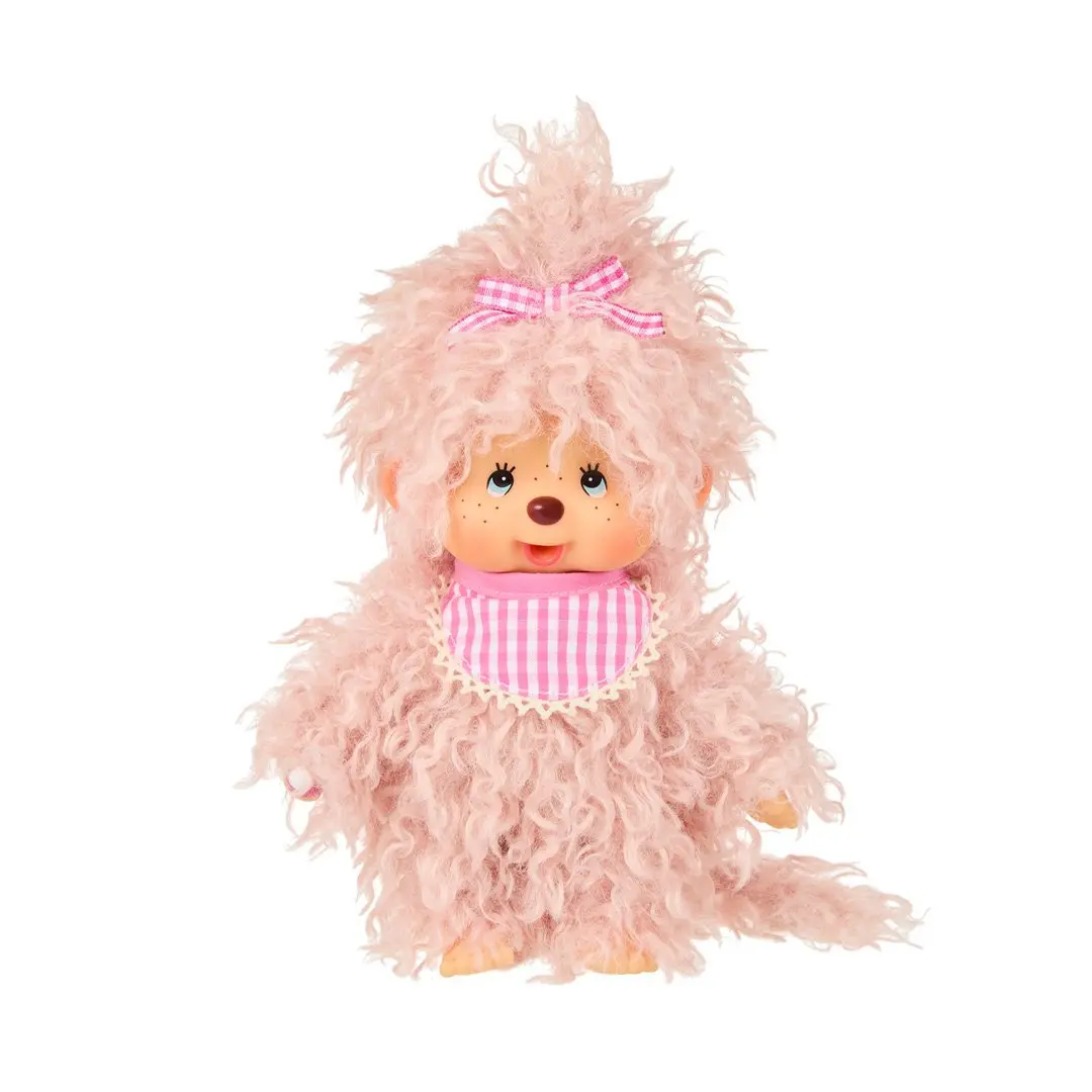 Monchhichi Girl Premium Plush Stuffed Toy - Fluffy Blush Pink & Beige, Cuddly Doll Gift, Kawaii Nostalgic Collectible, Pretend Play Toy with Hair Bow, Bib with Embroidered Logo, Expressive Face Details (For Displaying)