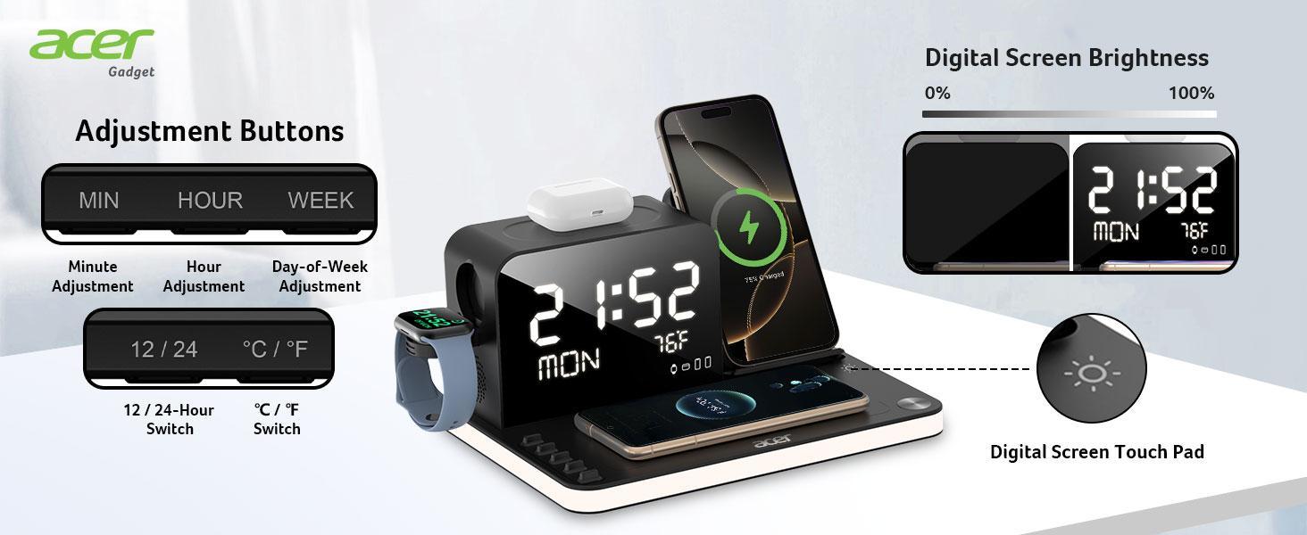 Acer 7 in 1 Wireless Charging Station Charger with Clock, LED Night Light & Temperature Display, USB-A & USB-C, Magnetic MagSafe – for iPhone, Android Phone, Apple Watch & AirPods, Gift