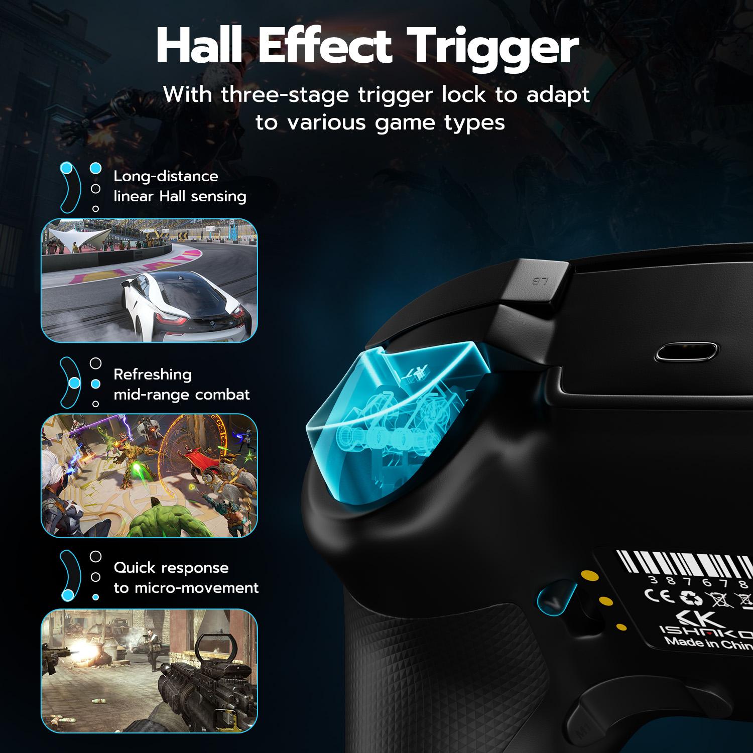 Wireless Game Controller With RGB Backlit, 3 Way Lock Hall Trigger, Hall Joytick, 1000Hz Polling Rate, No Stick Drift, 6-Axis Gyro, 4 Custom Macro, Adjustable Turbo/Vibration, Multi-Platform, Compatible with PC/Switch/Steam/Android/iOS, AG43