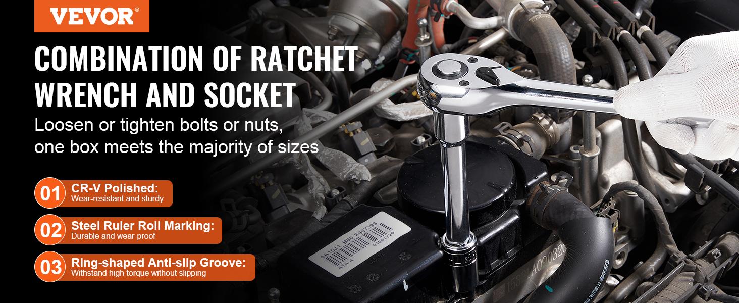 VEVOR Socket Set,  1/4 Inch Drive Socket and Ratchet Set, 6-Point Socket Opening, 54 Pieces Tool Set SAE and Metric, Deep and Standard Sockets, 5/32-9/16 in, 4-14 mm, with Accessories, Storage Case