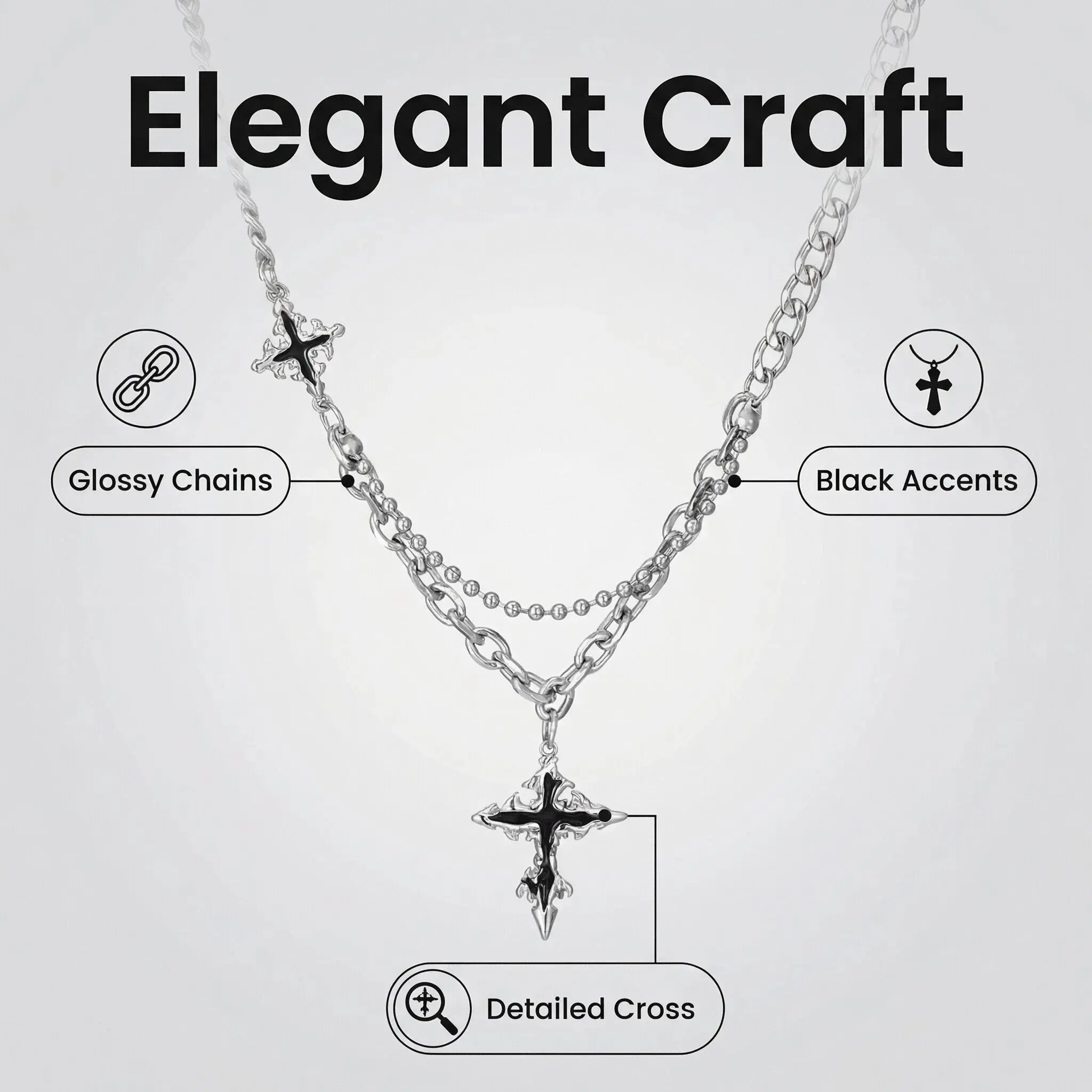 Vintage Silver Layered Cross Chain Necklace with Black Enamel Accents