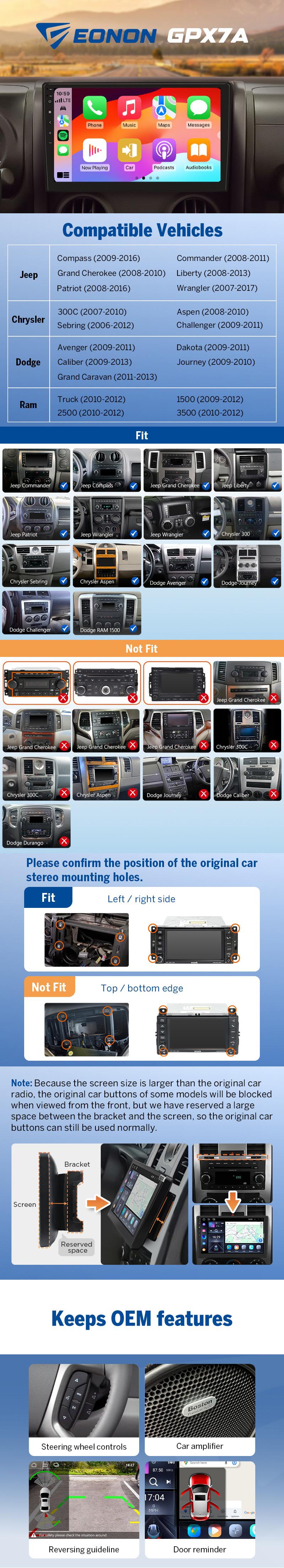 EONON Car Stereo for Dodge Ram 1500 2500 3500 Trucks (2010-2012) Jeep Wrangler Chrysler 300C, Wireless CarPlay & Android Auto Head Unit Touch Screen, 10.1" Android 14 Car Radio, SWC, Bluetooth, GPS Navigation, Backup Camera  - GPX7A