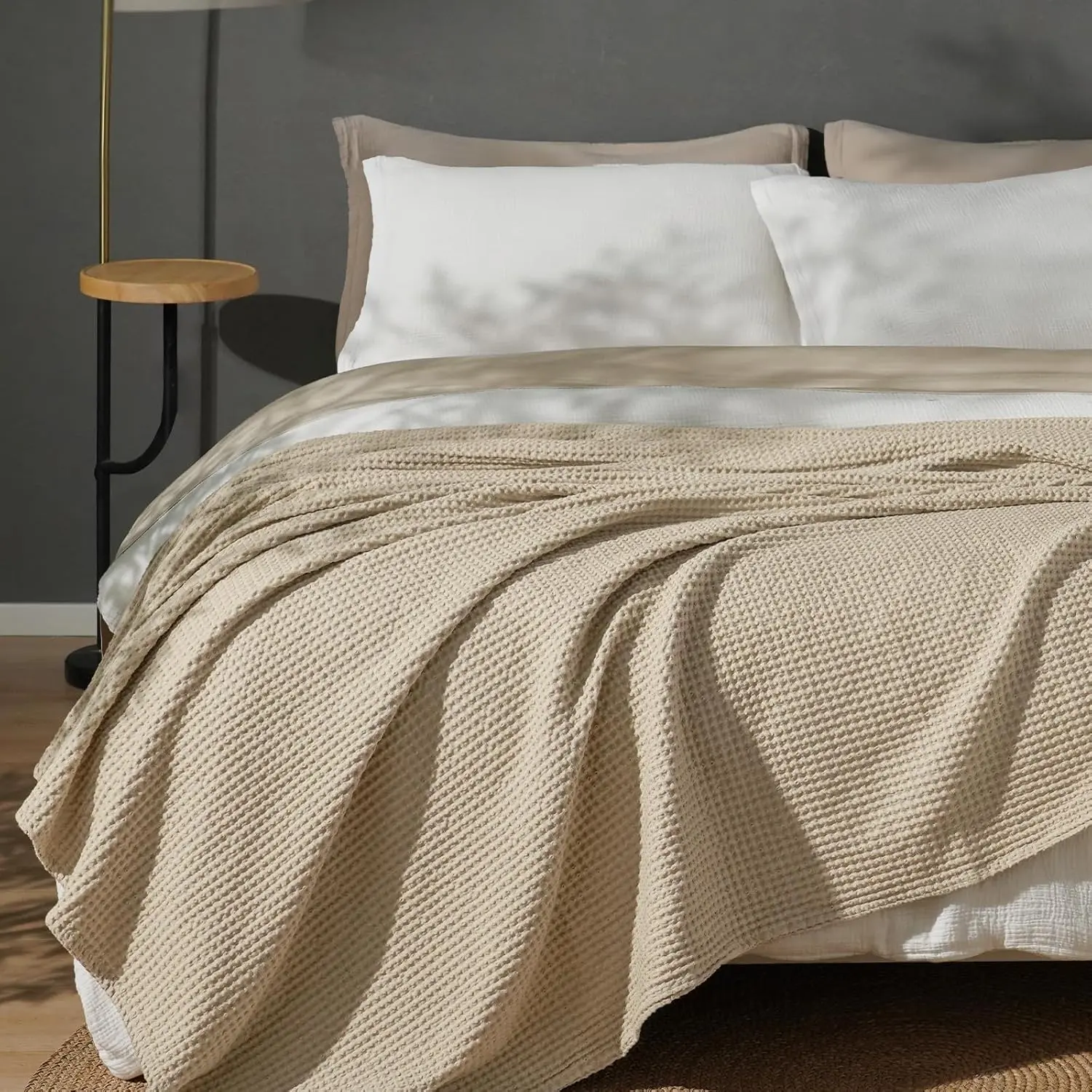 PHF 100% Cotton Waffle Weave Blanket, Lightweight Washed Soft Breathable Blanket Perfect for All Seasons, Stylish Blanket, Great Blanket Layer for Couch Bed Home Decor, Ideal Gift