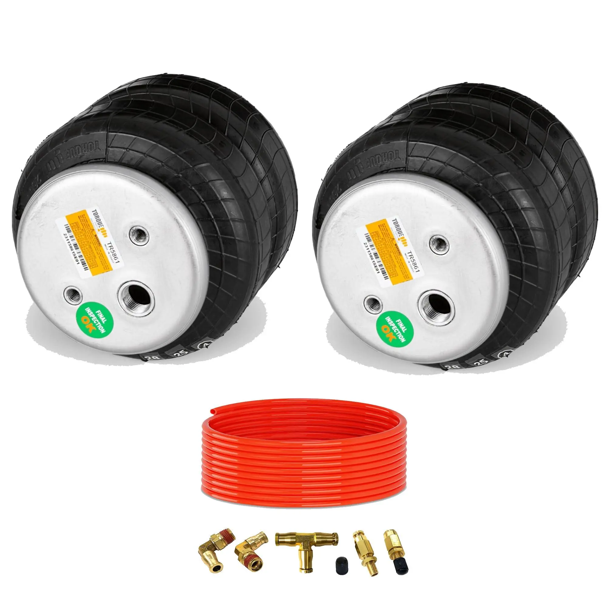 TORQUE 2 pcs 2600 Universal Air Spring Airbag Air Bag Replacement 1/2" NPT Single Port Double Bellow w/Tubing & Fittings, for Pickup Trucks (Replaces Air Lift Dominator 2600 D2600) (TR5861, TR2014AS)