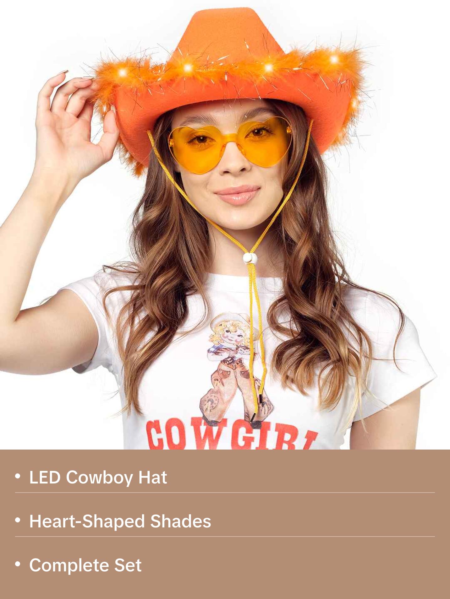 Cowgirl Hat with Feathers & Heart Sunglasses Costume Set CPNG Cowboy Hat Set Cowgirl Hat with Feather Heart Shaped  main image 2