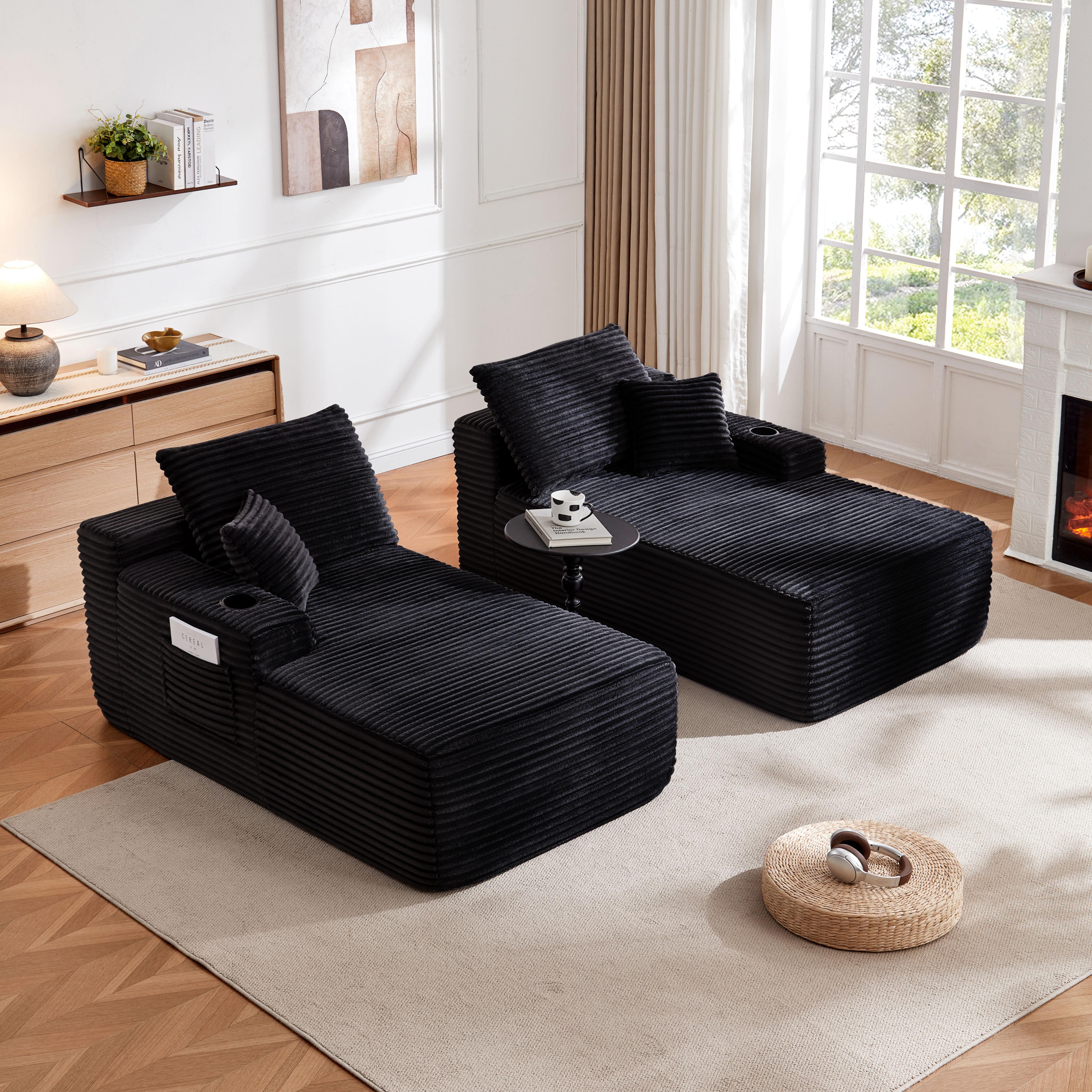 YOMSUM 69" Cloud Sectional Couch L-Shape Chaise with R-Shape Chaise Deep Seat Comfortable 2 Seater Plush Fabric Black,Chaise Lounge,No Assembly Required,Boneless Sofa Bed，With Side Pockets And Cup Holders