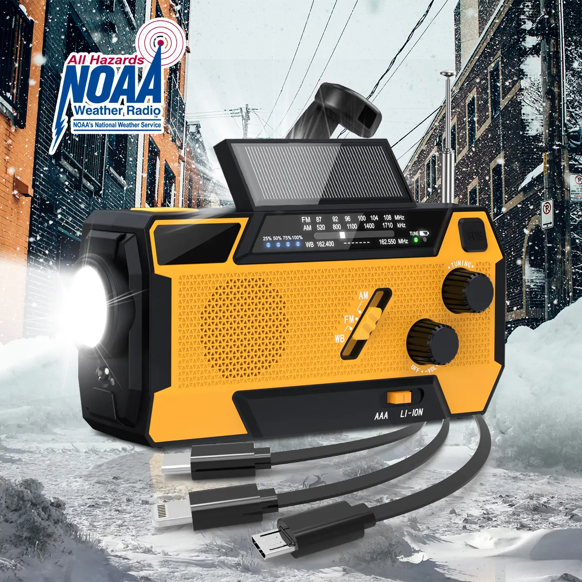 2000mAh Solar Powered Handheld Portable Survival Radio - AM/FM/NOAA Audio Device with Hand Crank, Flashlight, SOS Alarm, 3.5 mm Jack for Hurricane & Winter Storm Preparedness