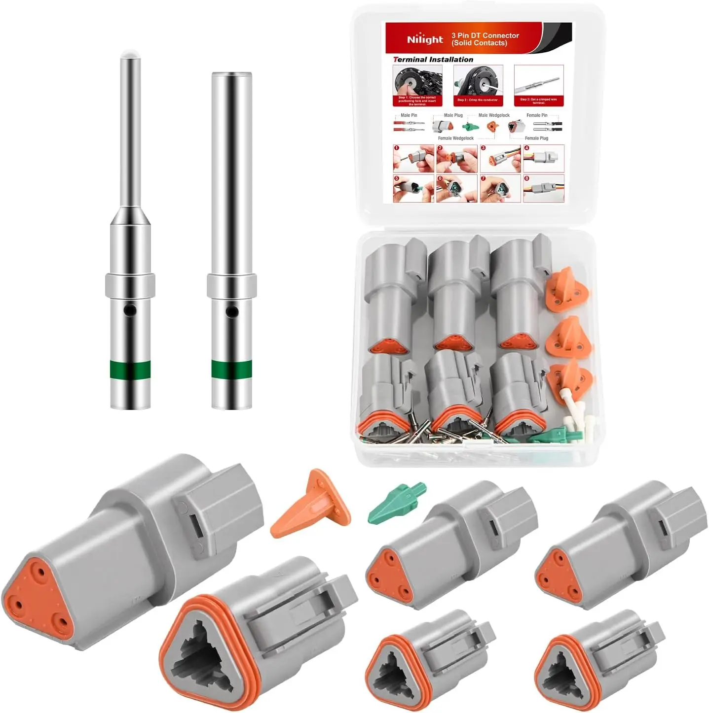 Nilight 3-Pin DT Connector Kit (3 Sets) - Size 16 Solid Contacts, Waterproof Male-Female Terminals, 13 A, 14°F to +176°F, for 14-20 AWG DT Series Receptacle, Car, Boat, Racing Vehicles, Father's Day Gift, Ip67 Rated