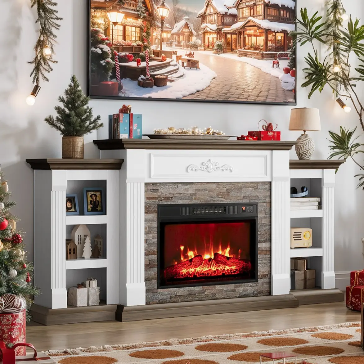 LGHM 72" Fireplace TV Stand , Electric Fireplace with Mantel, Farmhouse TV Stand with 23" Fireplace for TVs Up to 80 Inch，Farmhouse Entertainment Center  Carved Decoration, Antique White/Brown/Black
