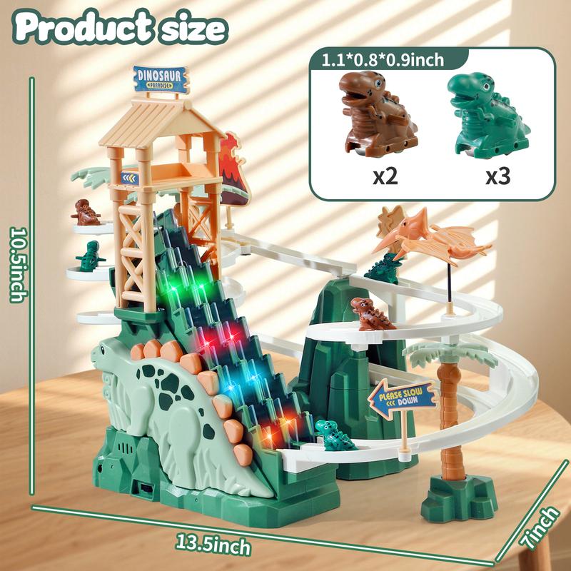 Dinosaur Climbing Slide Toy for Kids with Lights & Music 5 Mini Dinosaur Cars Double Loop Race Track Game Set Stair Climbing Toy for Boys and Girls Interactive Race Track for Toddlers Ages 2+