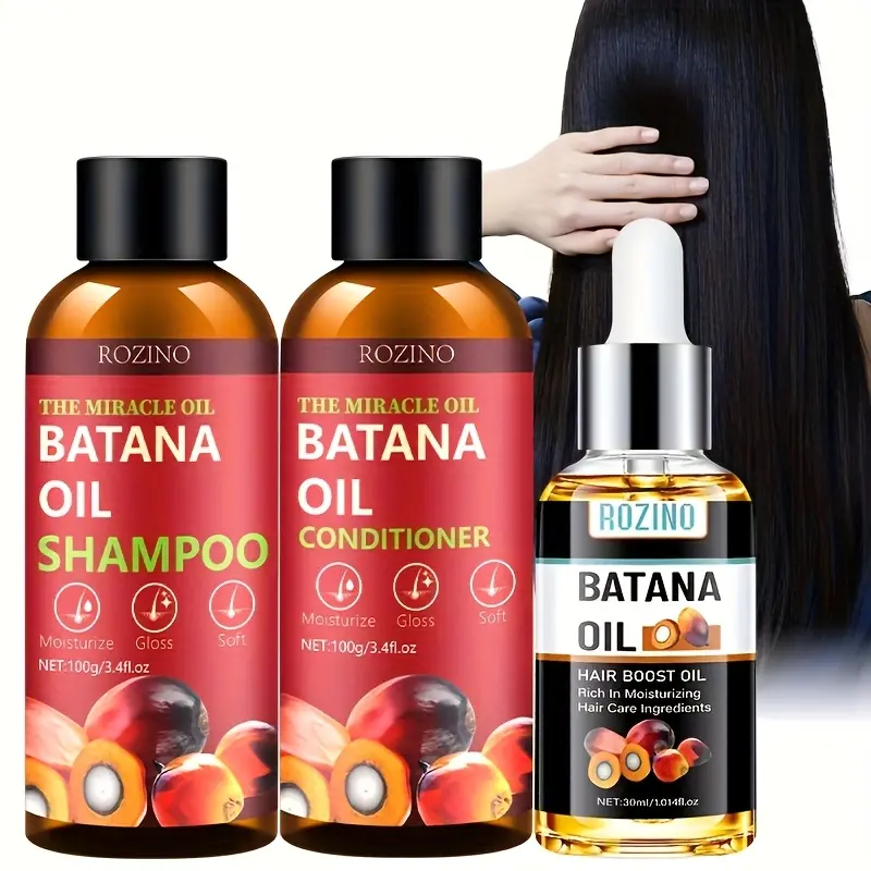 ROZINO Batana Hair Care Trio with Wild Honduran Batana Oil for Dry Damaged Hair Shampoo Conditioner & Hair Boost Oil 100g/3.4fl.oz