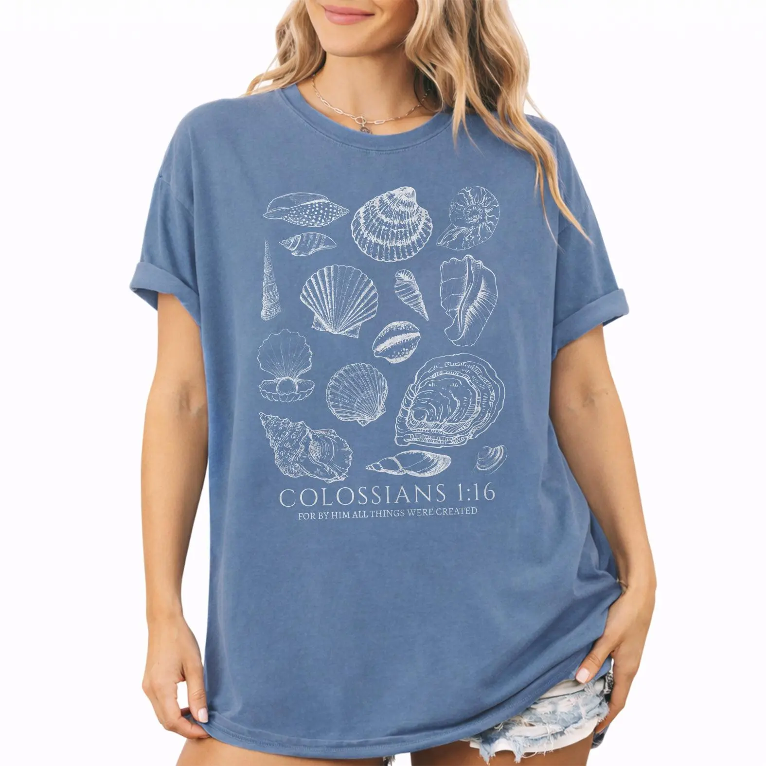 Comfort Colors Christian Seashell Shirt, Colossians 1:16 Bible Verse Graphic Tee, Coastal Faith Shirt, Gift for Christian Women