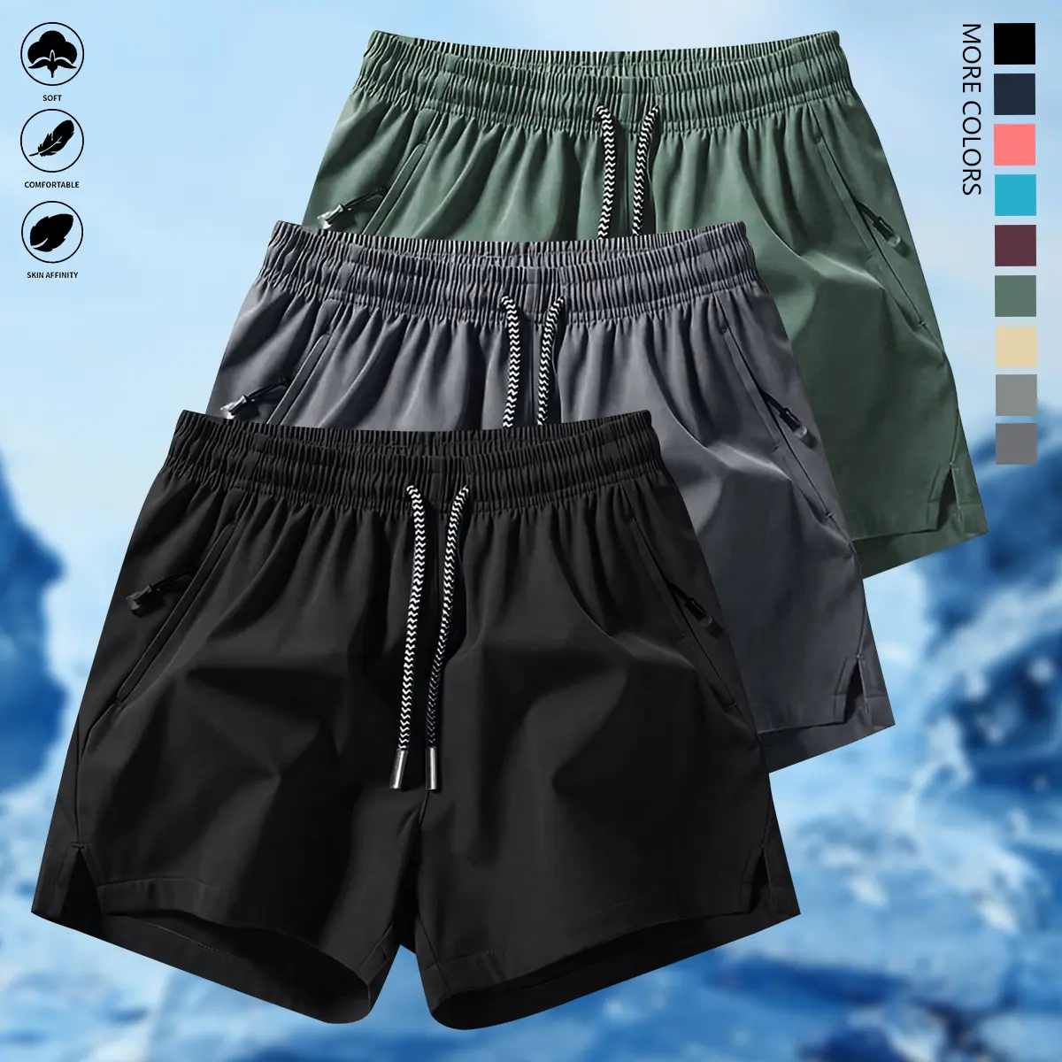 3-Pack Men's Fitted Active Shorts, Lightweight Solid Color Outdoor Workout Shorts for Gym & Summer Training with Zip Pockets, Synthetics