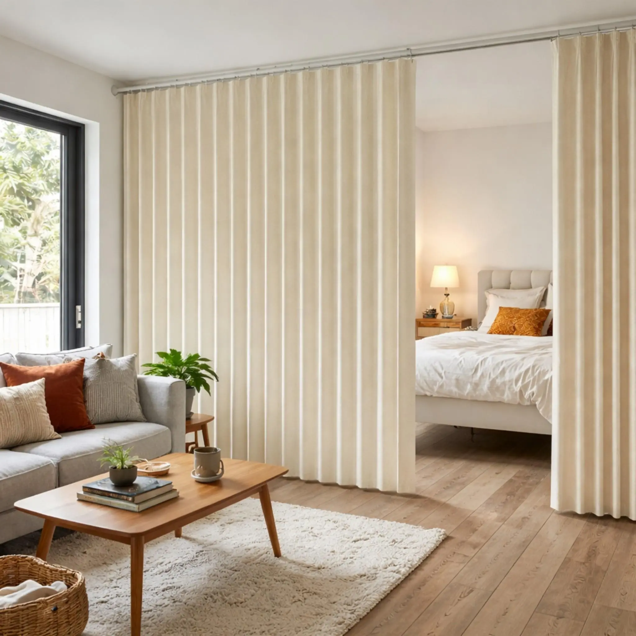 Foldable Room Divider Curtain with Hooks, Semi-Sheer Privacy Partition for Bedroom, Living Room & Small Spaces, Home Decoration Curtain, Home Decorative Curtain, Polyester Privacy Curtain