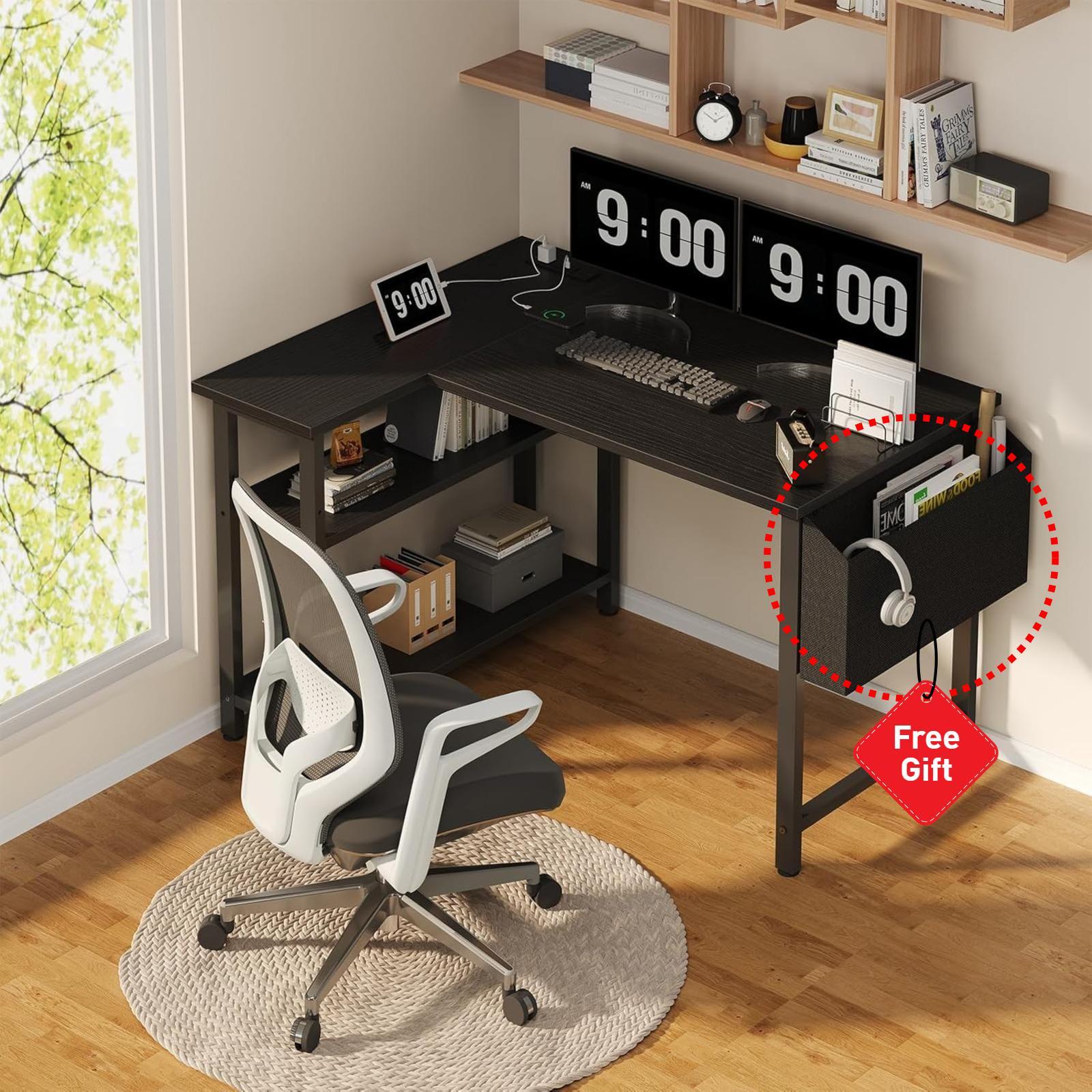 Black L Shaped Desk with Shelves Power Outlet, 40 Inch Small Corner Computer Gaming Desk for Small Space Home Office, Study Work PC Desks for Bedroom, Black, Get Free Gift