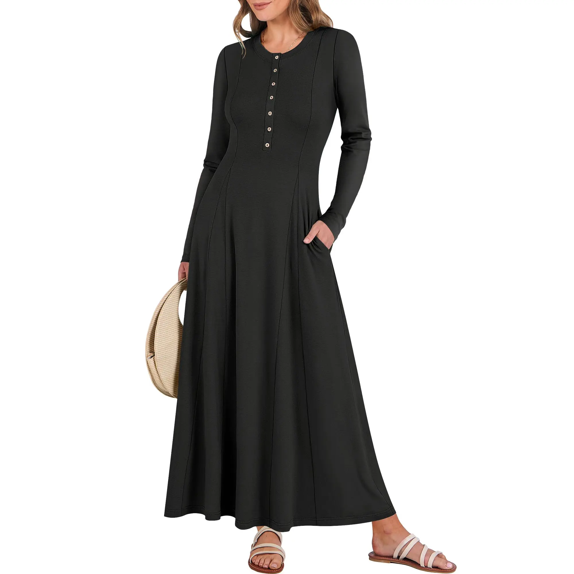 ANRABESS Women's Long Sleeve Maxi Dress 2026 Fall Casual Button Fit & Flare A-Line Swing Flowy Long Dresses Trendy Outfits