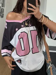 Coolane Women's Summer Streetwear Couple Same Style Casual V-Neck Drop Shoulder Letter Print Oversized Casual Sporty Jersey T-Shirt