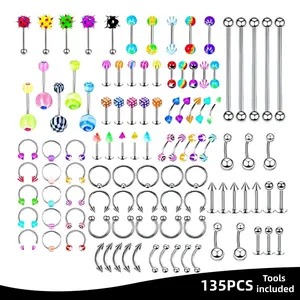 Shiny & Colorful Body piercings Jewelry Set 135pcs - 14g/16g/18g/20g  Mixed Body Jewelry Collection - Surgical Steel Studs & Rings for Nose, Ear, Lip & Tongue