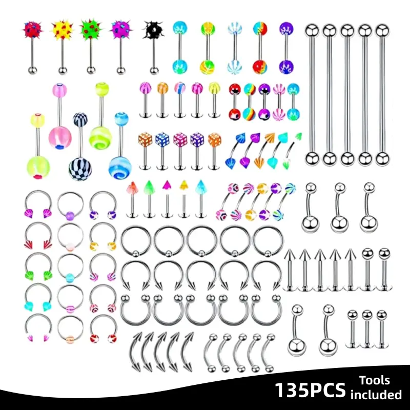 135pc Surgical Steel Body Jewelry Ear Piercings Kit - Colorful Mixed Studs, Rings in 14g-20g Multi-Gauge for Nose, Lip, Ear Cartilage Piercings