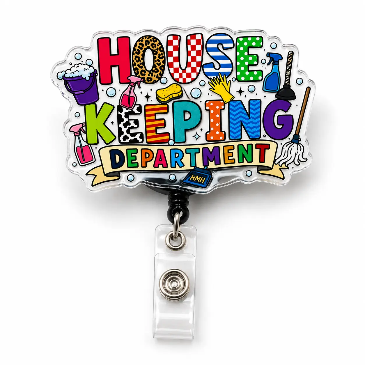 Badge Reels for Housekeeping, Cute Housekeeping Department Acrylic ID Holder, Retractable Clip Hotel Hospital Staff Appreciation Gift