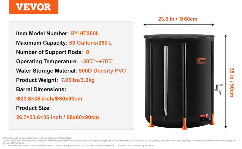 VEVOR Collapsible Rain Barrel -  Upgraded Visible Water Level, 53/66/100 Gal Portable Rain Water Collection Barrel, PVC Rainwater Collection System with Spigots and Overflow Kit, Water Barrel for Garden Water Catcher Bucket VEVOR Super Brand Day