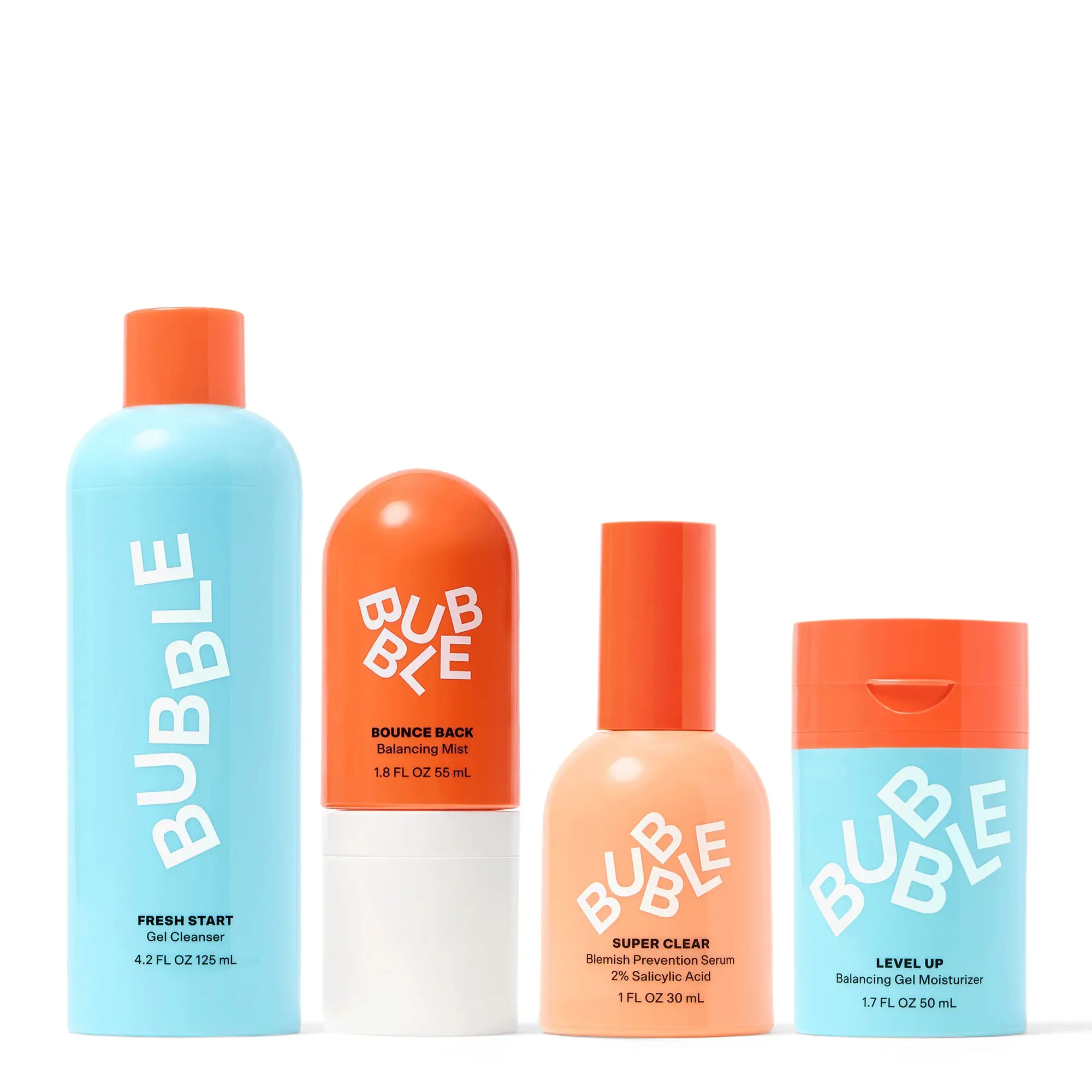 Bubble Skincare 4-Step Acne Treatment Set - Soothing, Hydrating Daily Selfcare Routine with Lavender Cleanser, Squalane Serum, Colloidal Oatmeal Moisturizer, Sodium Polyacrylate for Level Up Skin Health