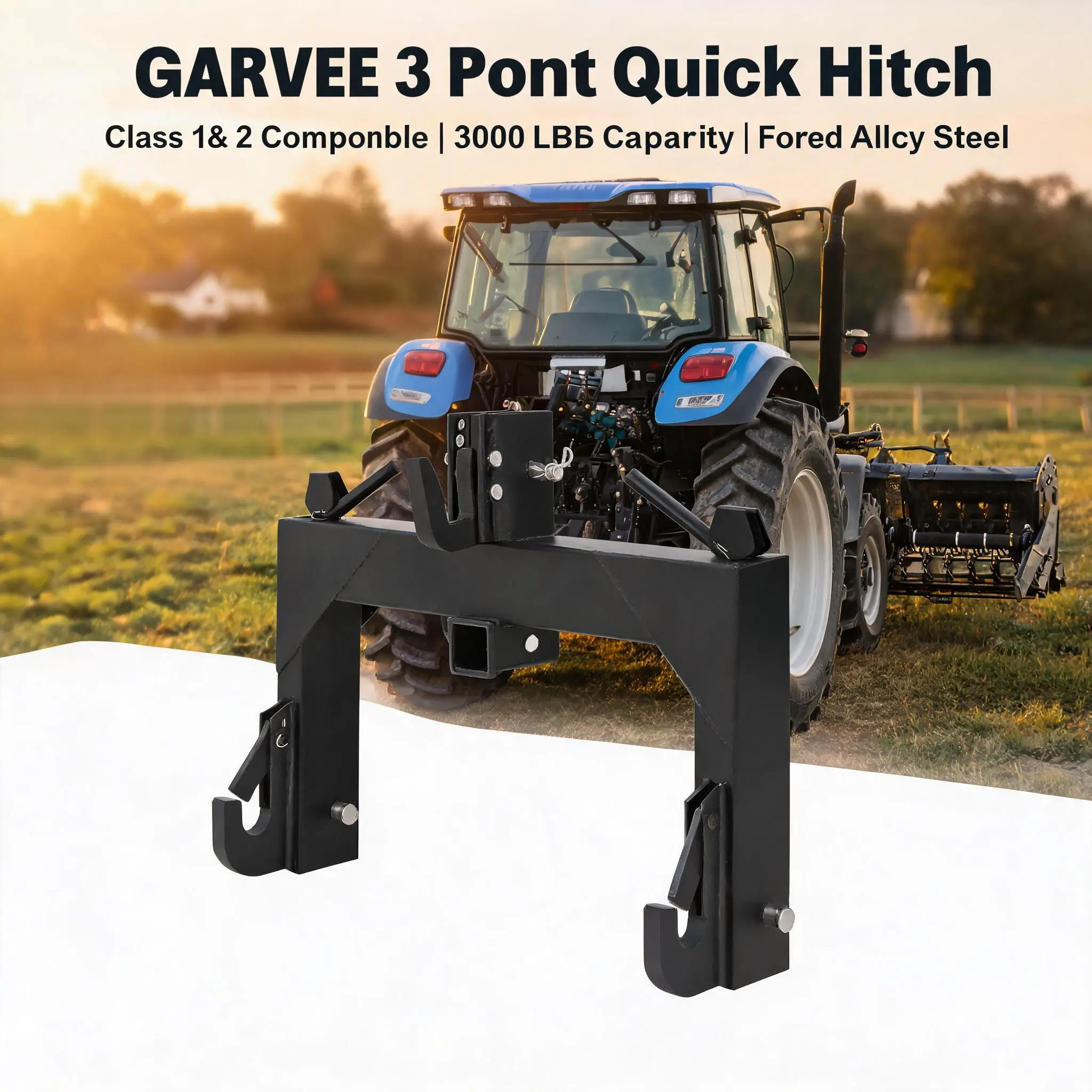 【Fathersdaygift】GARVEE 3 Point Quick Hitch, designed for tractors with a robust 3000 lbs lifting capacity. Available in vibrant colors, it's perfect for efficient and reliable agricultural tasks., Farmers, Adjustable Hook, Tractor, Quick Connect