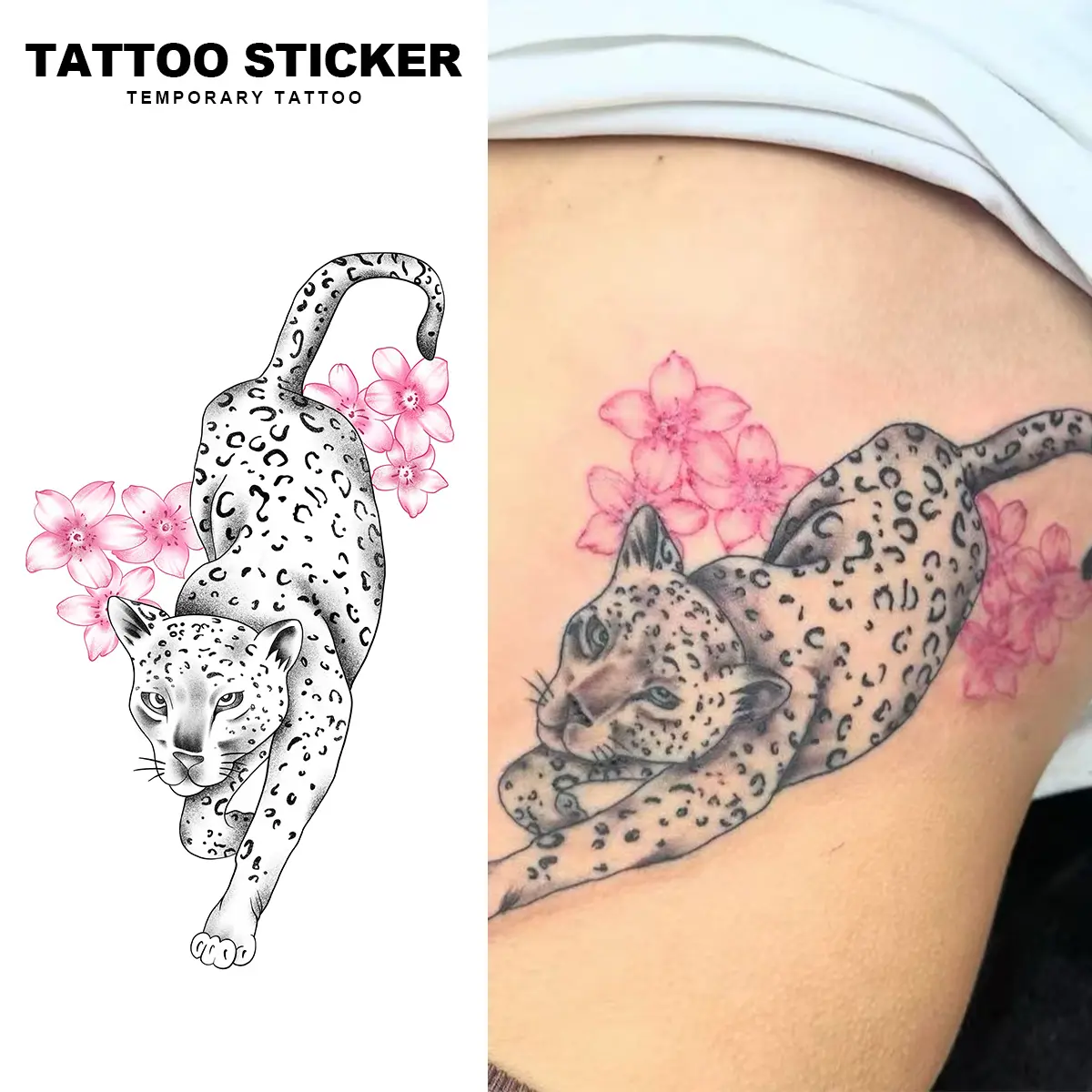 2 PCS Waterproof Sweat Resistant Large Fine Line Tiger Temporary Tattoo Stickers Black Sketch Roaring Wild Big Cat Edgy Minimalist Feminine Thigh Fake Semi Permanent Body Art Decals For Women