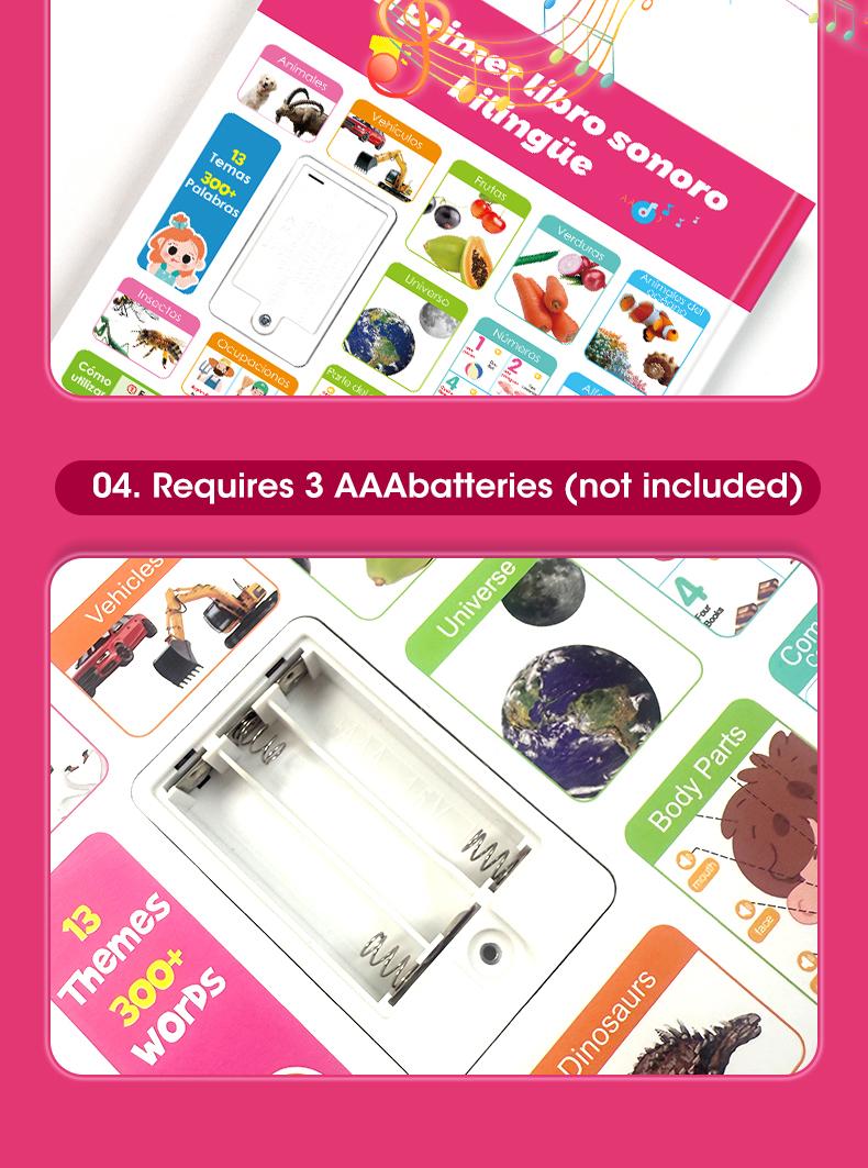 Interactive Talking Sound Picture Book for Kids , Spanish & English Bilingual, 300+ Words15 Themes6 Songs Q&A Learning Games, Screen-Free Preschool Educational Toy for Toddlers, Early Learning at Home & Travel, Valentines Day Gifts for Kids