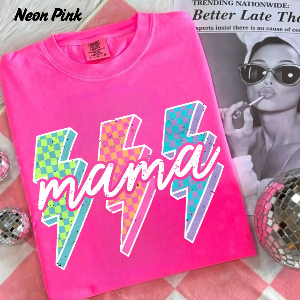 Comfort Colors Lightning Checkered Mama Tee, Neon Rock Mom Design, Bright Lightning Bolt Top, Cool Motherhood Gift for Her, Trendy Mama Style
