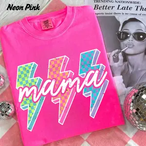 Comfort Colors Lightning Checkered Mama Tee, Neon Rock Mom Design, Bright Lightning Bolt Top, Cool Motherhood Gift for Her, Trendy Mama Style