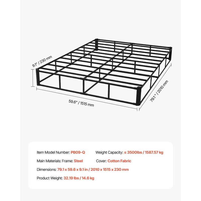 VEVOR Box Spring,  Queen Size Bed Frame with Washable Fabric Cloth, Heavy Duty Metal Frame for Queen Bed, 9 in Mattress Foundation, 3500 lbs Max Weight Capacity, Easy Assembly, 79.1L x 59.6W x 9.1H in
