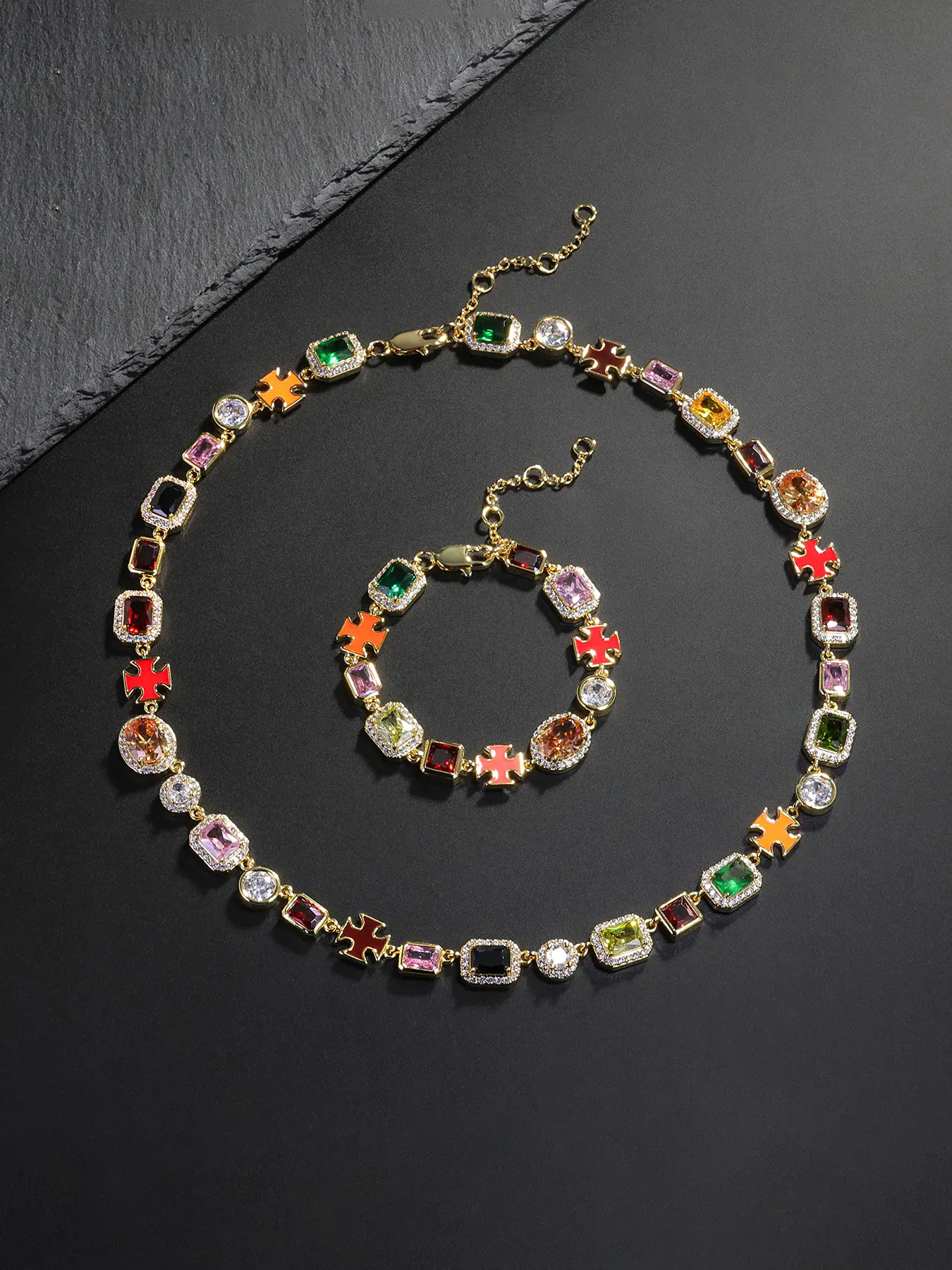 ICED CHICS Unisex Necklace & Bracelet Set (2pcs/set), Fashionable Colorful Zirconia Matching Jewelry Set for All Seasons, Cross Accent, Hip Hop Street Style, Perfect Gift