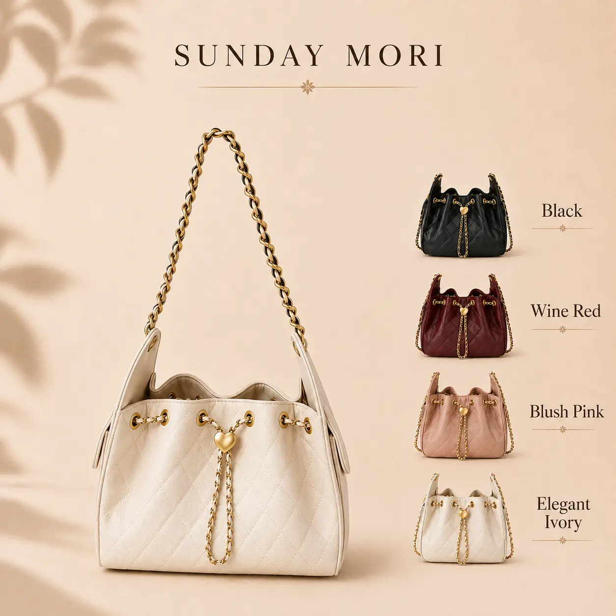 SUNDAY MORI Women’s Quilted Look Chain Bucket Bag with Heart Charm, Chain Strap Soft Shoulder Purse, Draw String Closure Everyday Use Handbag for Work & Shopping, Draw String Bag
